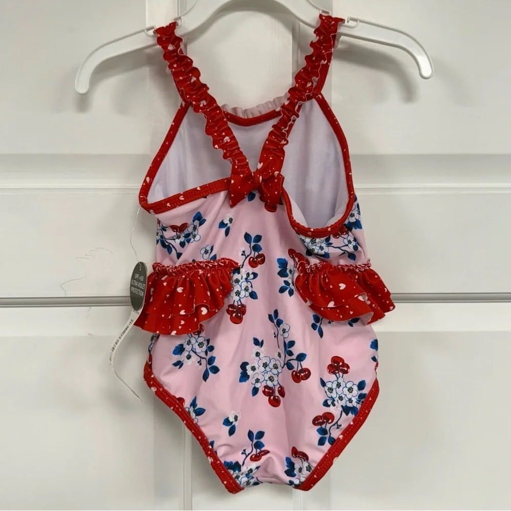 NWT Nicole Miller 1 Piece Swimsuit Toddler Girls 18m Pink Cherry Blossom *read